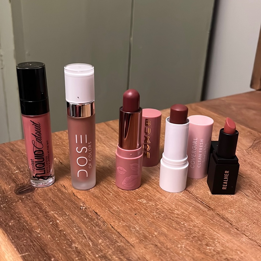 5 lipsticks- Dose of Colors, Realher, Buxom, CG, Wet-n-Wild